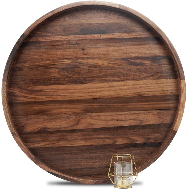 MAGIGO 24 Inches Extra Large Round Black Walnut Wood Ottoman Tray with Handles, Serve Tea, Coffee or Breakfast in Bed, Classic Circular Wooden Decorative Serving Tray - Image 1